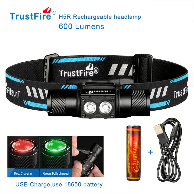 Trustfire H5R 600 Lumens Headlamp 150 Dual Lamp LED USB Rechargeable Headlights 180 Adjustable IP68 Head Torch 18650 Flashlights with Power Indicator for Outdoor Cycling Adventure Fishing