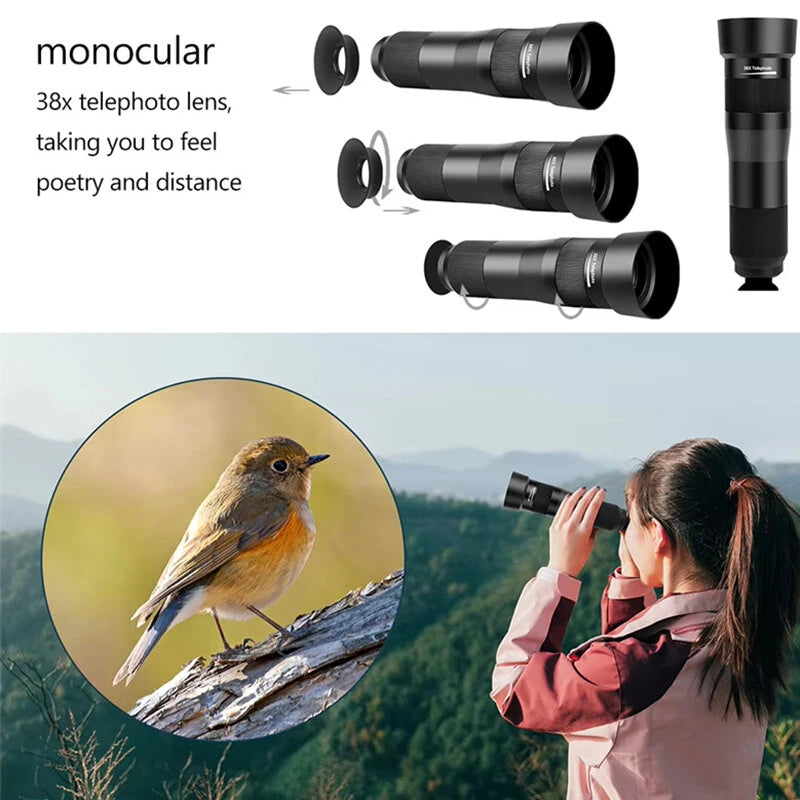 IPRee 38X HD Zoom Lens Phone Monocular Telescope with Tripod Smartphone Adapter for iPhone