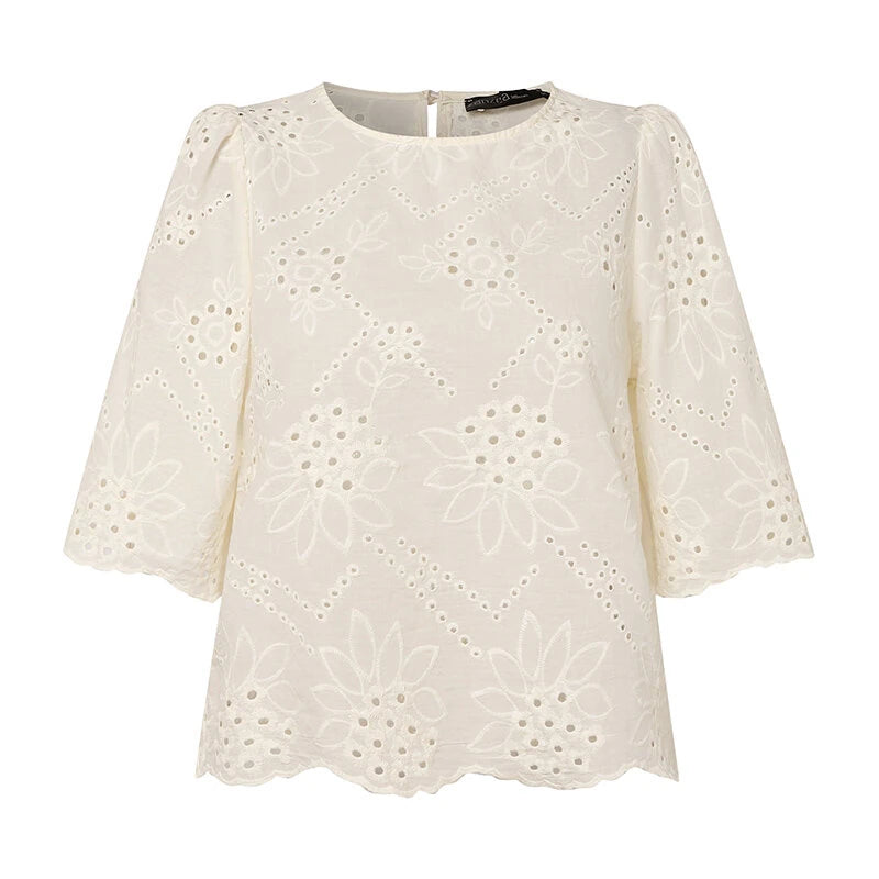 ZANZEA Elegant Style Womens Vintage Casual Cotton Crop Shirts Top Vacation Crew Neck Hollow Embroidery Blouses