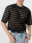 INCERUN Mens Shirt Fashion Striped Short Sleeve Men Tops See Through Party Nightclub Men Shirts S-5XL