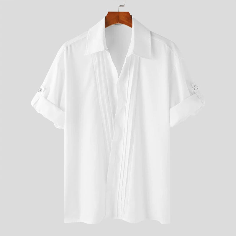INCERUN Mens Asymmetrical Pleated Short Sleeve Shirt Casual Solid Color Lapel Top for Male