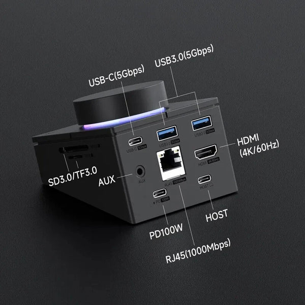 Hagibis Knob USB-C Hub with Shortcut Buttons Type-C RGB Docking Station with 5Gbps USB3.0*2 / 5Gbps USB-C / PD100W USB-C / HOST / 4K@60Hz HD / 1000M RJ45 / SD3.0/TF3.0 Volume Adjustment Desktop Controller for Macbook Win Laptop