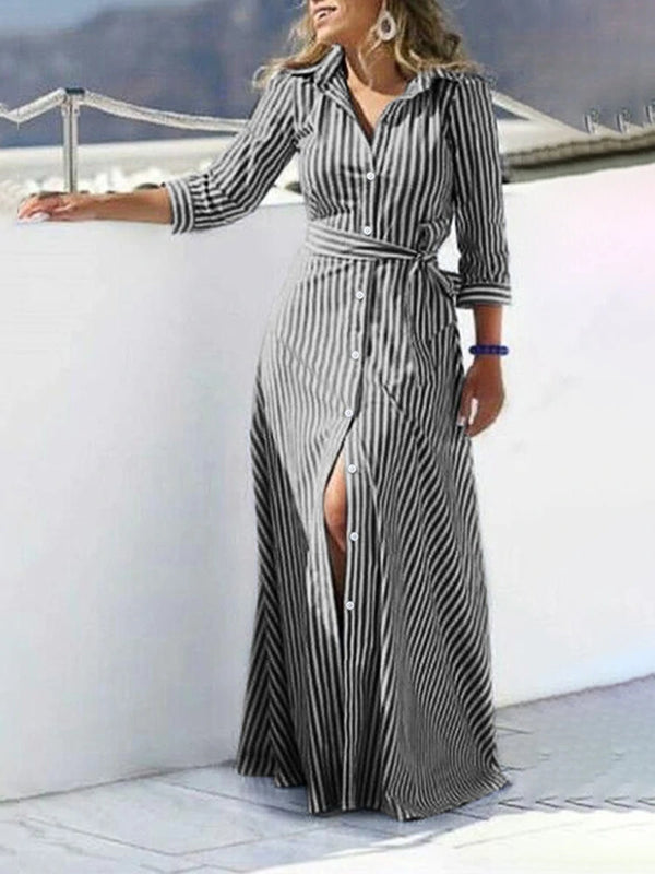 ZANZEA Women 100% Cotton Classical Striped Print Lapel Button Front Lace-Up Casual Shirt Dress