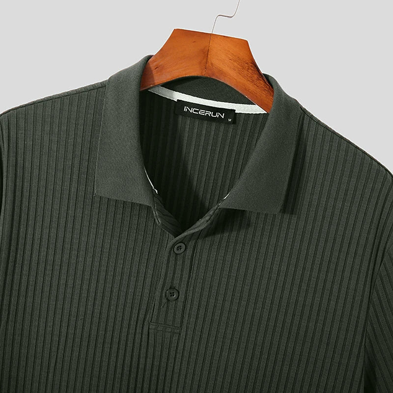 INCERUN Mens Solid Rib-Knit Short Sleeve Golf Shirt Comfy Fabric Lapel Top for Men