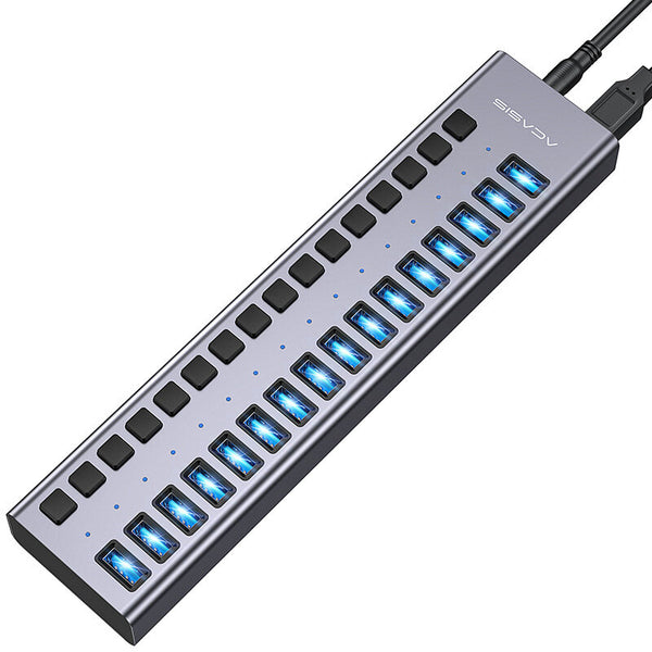 AKASIS HS-716MG 16-in-1 USB3.0 Hub High Speed 5Gbps Splitter Aluminum Alloy Docking Station with Integrated Independent Power Adapter for PC Laptop Computer