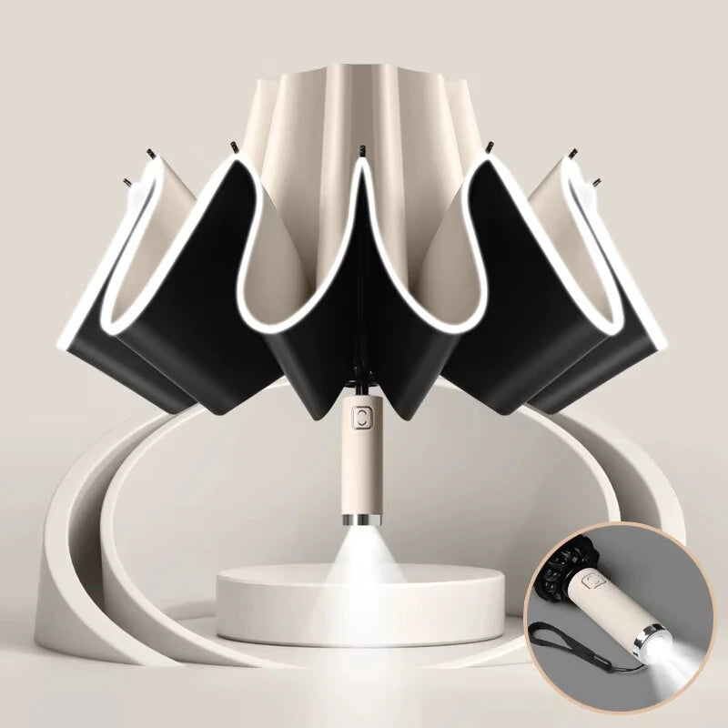 Automatic Folding Reverse Sun Umbrella Upgraded Windproof Design with Reflective Strip LED Light Convenient Handle Rainproof