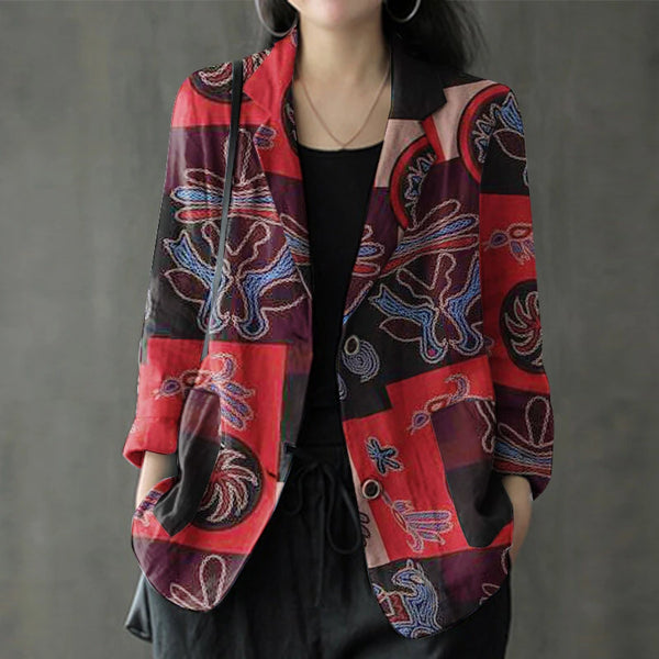 ZANZEA Womens Ethnic Prints Blazer Vacation Thin Suit Coat Retro Lapel Cotton Linen Printing Long Sleeve Blazer