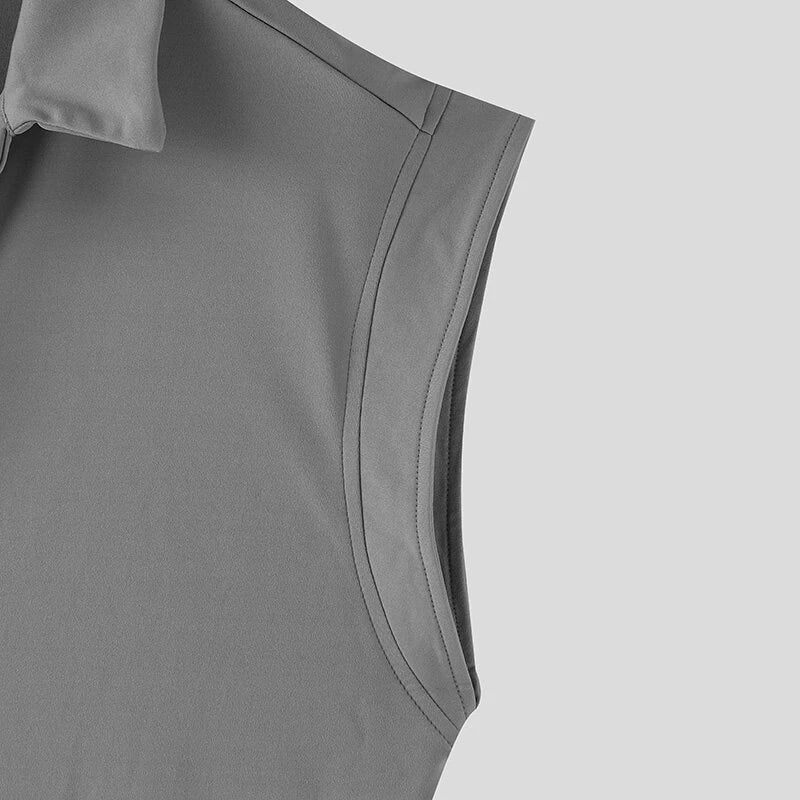 INCERUN Men Shirts Solid Color Sleeveless Shirt Casual Daily Lapel Streetwear Shirt Mens Clothing Summer Male Shirts