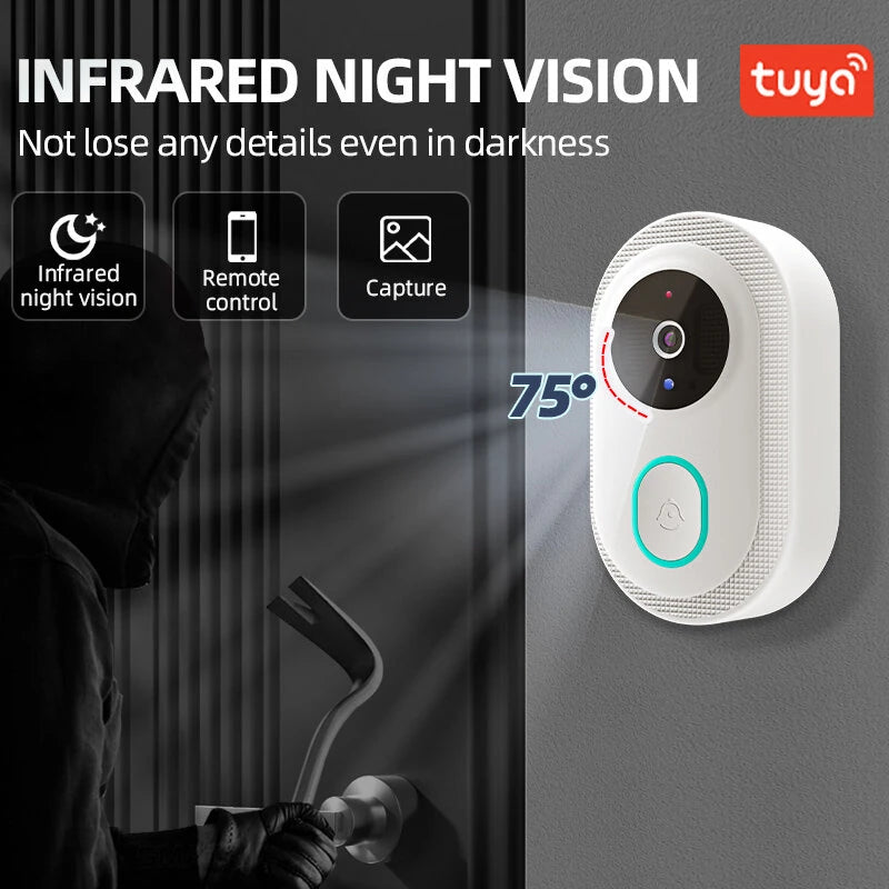 Tuya Smart Video Doorbell Wireless WiFi Two-Way Video Talk Voice Change Intercom Infrared Night Vision IP65 Waterproof 800mAh Battery Smart Life APP Wireless Visual Doorbell