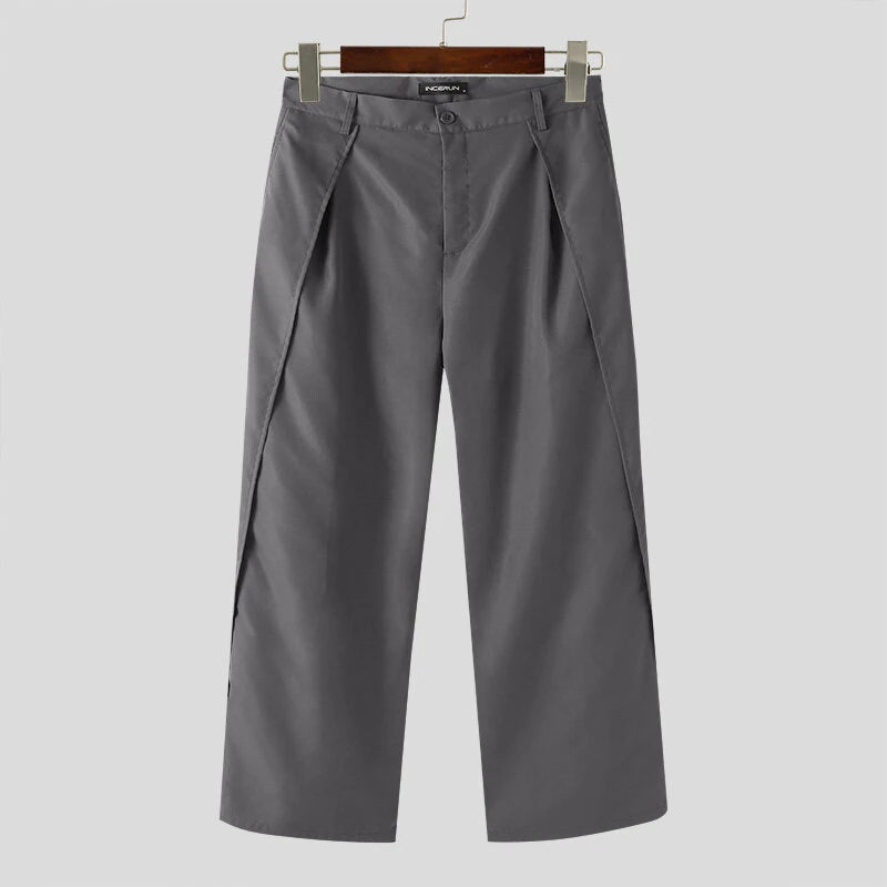 INCERUN Men Wide-leg Solid Color Casual Pants with Pockets Cropped Design Zipper Botton Trousers Plus Size