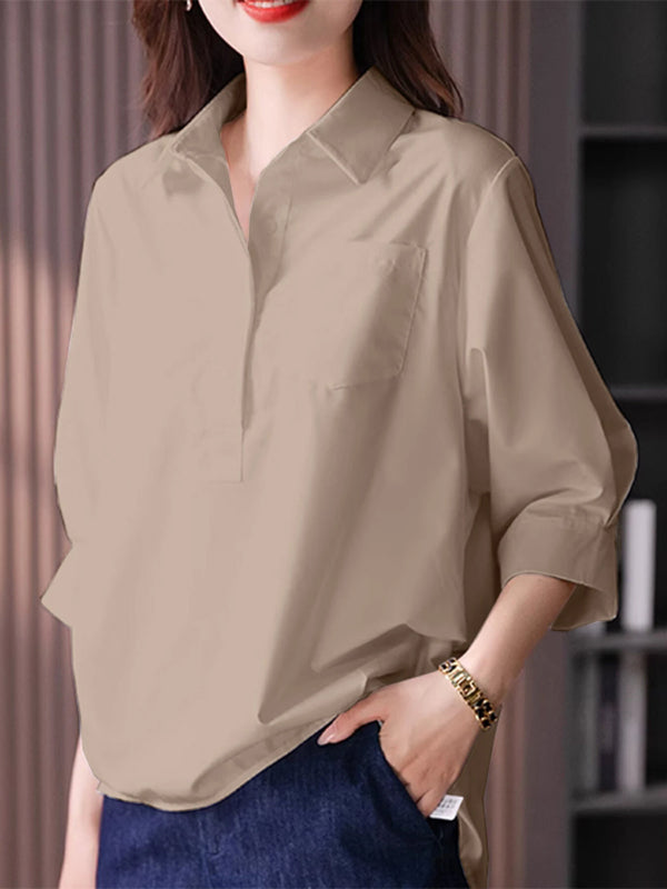 ZANZEA Womens Lapel Blouses 3/4 Length Sleeve Solid Color Shirts with Chest Pocket