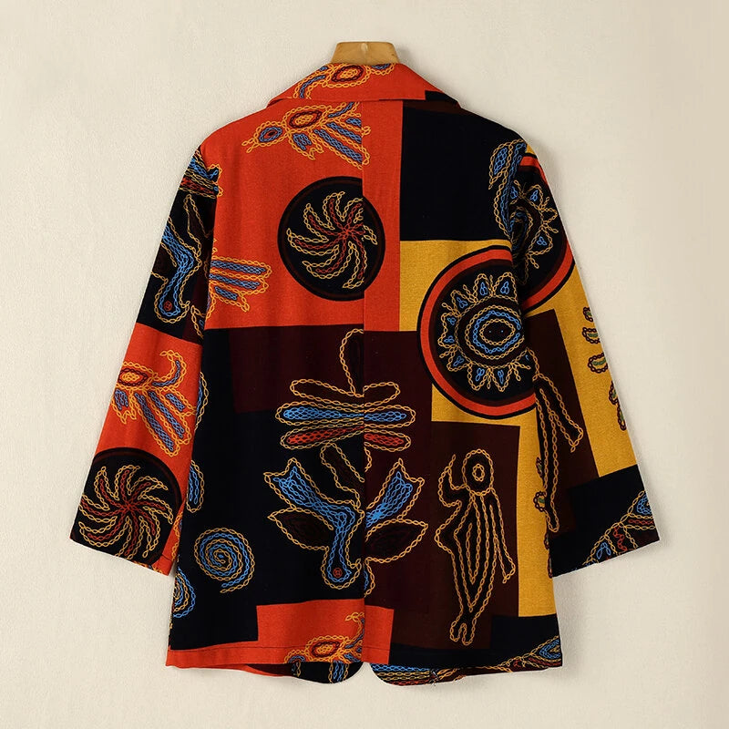 ZANZEA Womens Ethnic Prints Blazer Vacation Thin Suit Coat Retro Lapel Cotton Linen Printing Long Sleeve Blazer