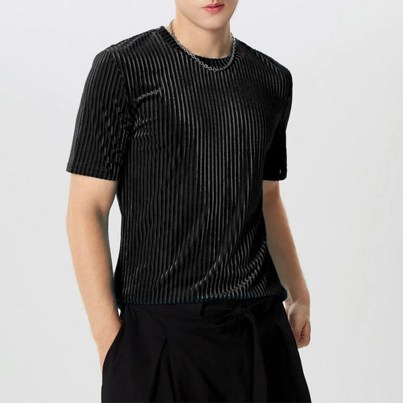 INCERUN Men T-Shirts Fashion Solid Color Skinny Elastic Top Tee Casual Summer Round Neck Short Sleeve Mens Clothing