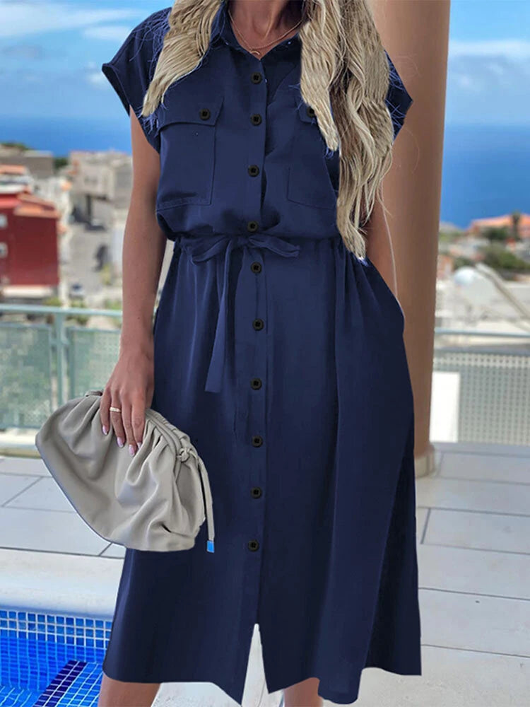 Celmia Plus Size Women Long Dress Short Sleeve Lapel With Side Pocket Casual Streetwear Overalls Dresses For Women