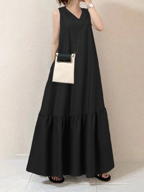Solid Color V-neck Sleeveless Ruffles Hem Pleated Maxi Dress With Pocket