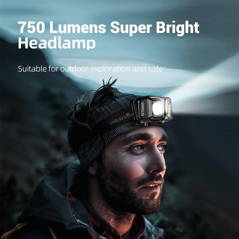 WARSUN 750 Lumens Rechargeable Lightweight Headlamp with Motion Sensor Running & Helmet Light LED Head Torch 5 Modes for Night Running Fishing Camping Cycling Work
