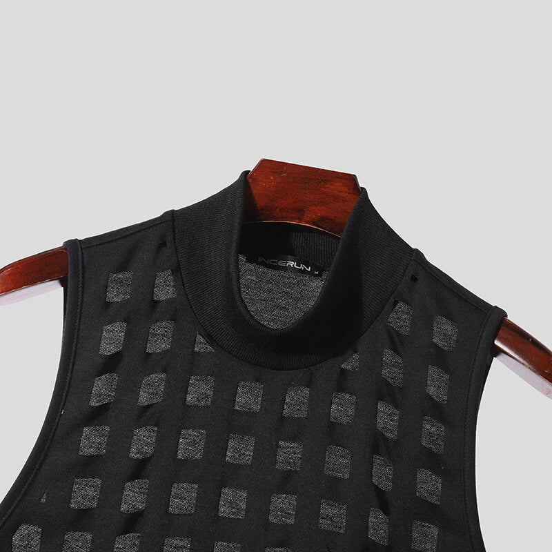 INCERUN Mens Burn out Mesh Striped Sleeveless Tank Black Sheer Mesh Sleeveless Crew Neck Top