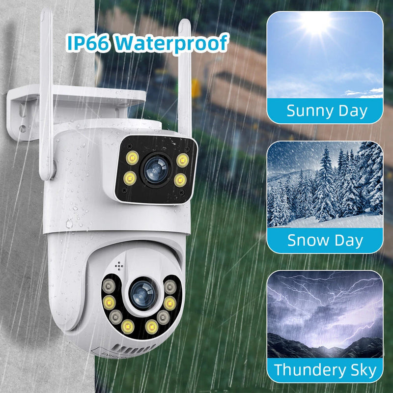 6MP WiFi IP Camera icsee App Dual Lens Outdoor IP66 Waterproof Pan Tilt Audio Night Vision Human Detection Cloud Storage