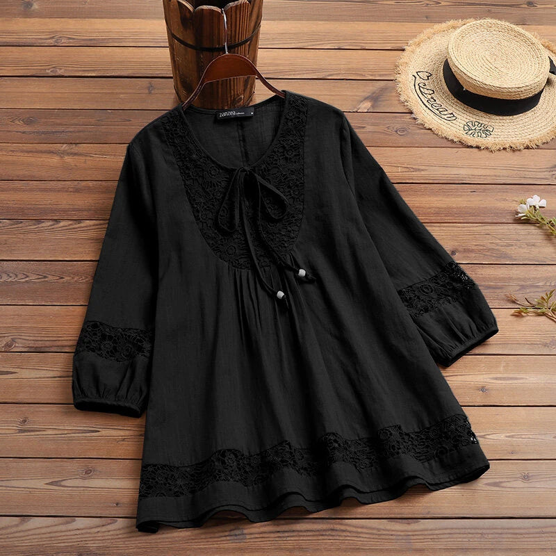 ZANZEA Women's Shirt Solid Lace Blouse Eyelet Lace Patchwork 3/4 Length Sleeve Top Summer Daily Casual Shirts