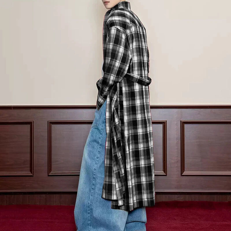 INCERUN Mens Plaid Patchwork Long Sleeve Shirt Fashion Classic Checkered Lace Up Strap Long Shirt for Men