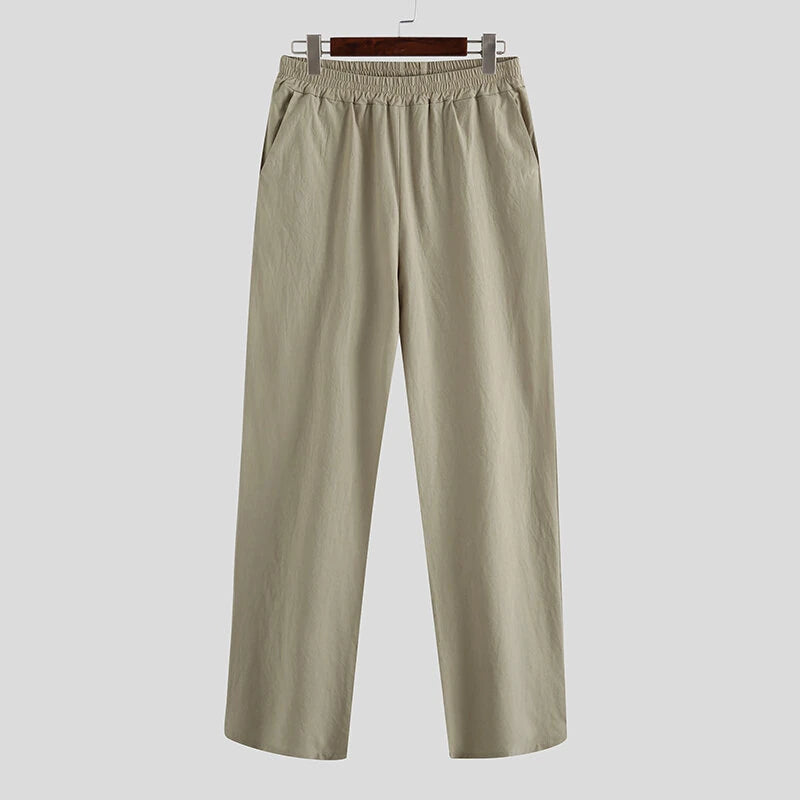 INCERUN Men Home Two Piece Set Solid Color Cotton Linen Long Sleeve Top and Pant with Pockets, Casual Men's Set Plus Size Spring Fall