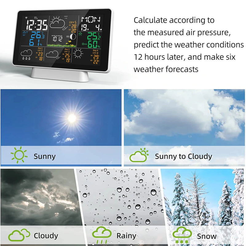 Tuya Wifi Wireless Weather Station Alarm Clock With 7.5 Inch Display / Atomic Clock / Weather Forecast / Outdoor Thermometer / Air Pressure / Moon Phase