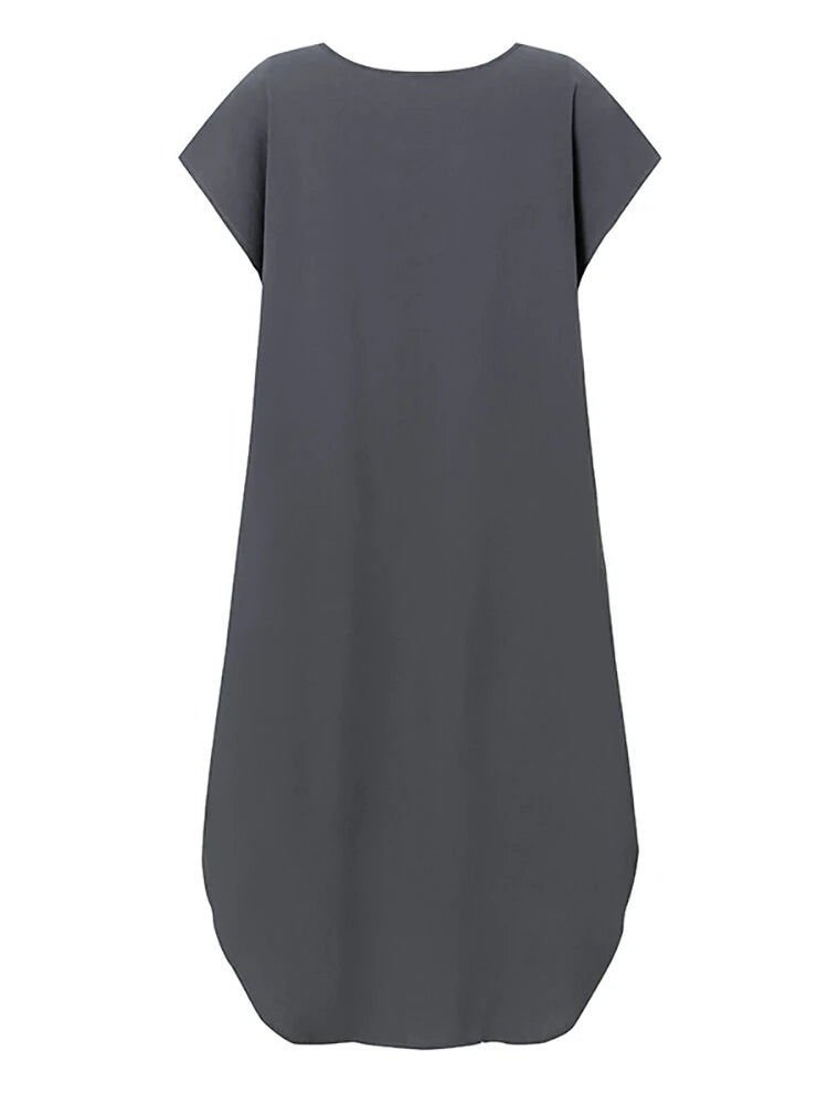 ZANZEA Plus Size Women Mid Long Dress Solid Pocket Short Sleeve Round Neck Cotton Casual Beach Midi Dress