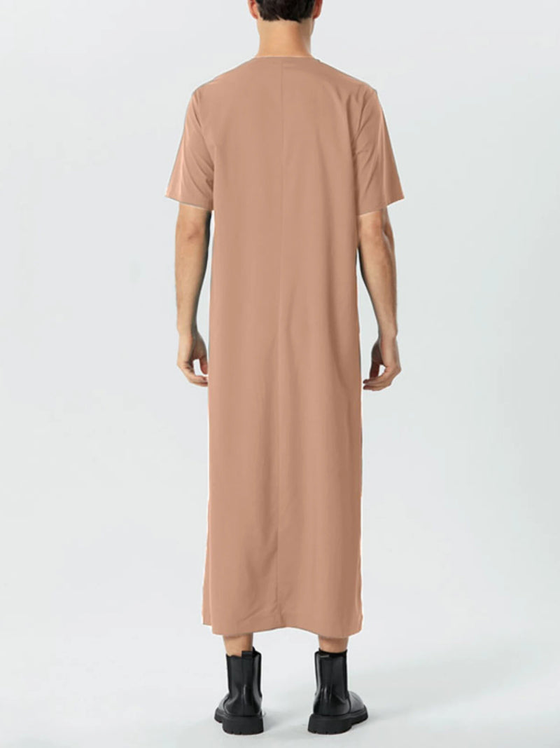 Men Solid  Front Zipper Round Neck Short Sleeve Casual Robe Shirts