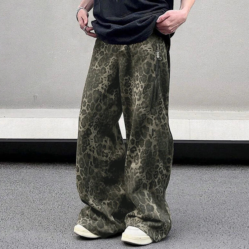 INCERUN Mens Leopard Print Daily Pant Side Zipper Design Fashion Loose Fit Long Trousers for Men Large Size S-5XL