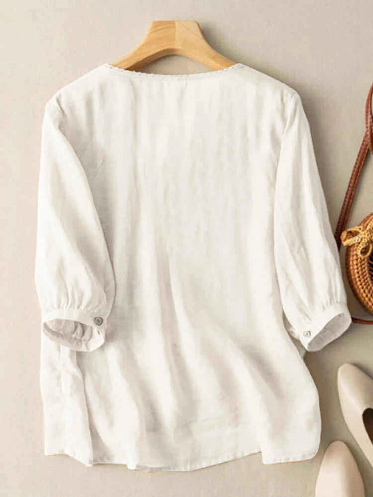ZANZEA Women Daily Casual 3/4 Length Sleeve Blouses Solod Color Shirts
