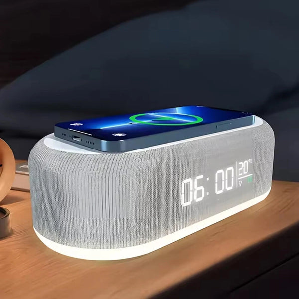 4-In-1 Desktop Clock USB Wireless Charging Night Light Thermometer Alarm Clock Wireless Charger Pad Stand Alarm Bedroom Lamp Night Light Desk Clock Temperature Thermometer Fast Charging Dock Station