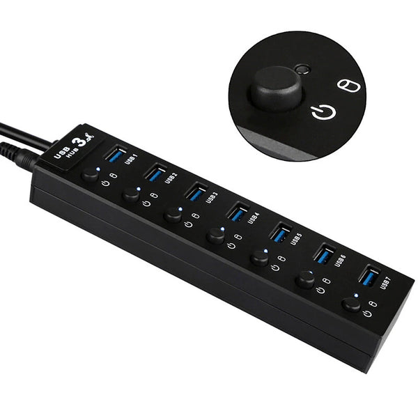 7-in-1 USB 3.0 Hub Docking Station USB Adapter with USB3.0*7 Multiports Splitter Adapter with Independent Switch for Phone Laptop Tablet Computer Keyboard Mouse