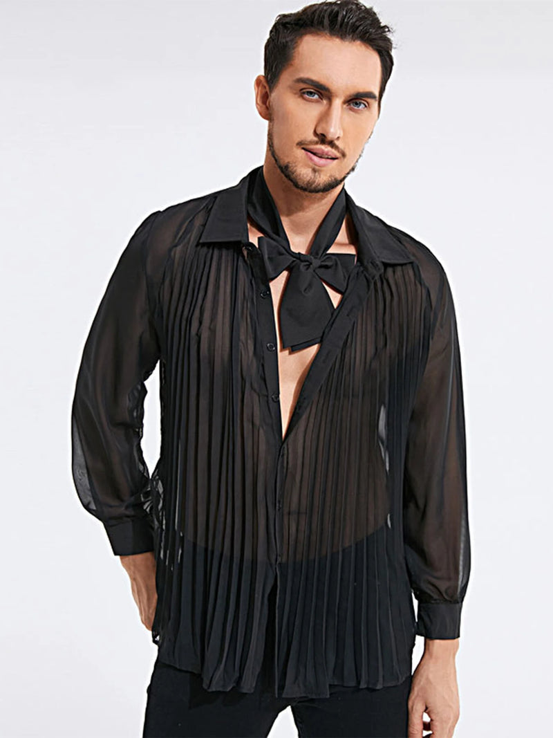 INCERUN Mens Shirt Fashion Black See Through Shirts Long Sleeve Lace Up Bow Knot Black Tops Summer Men Clothing