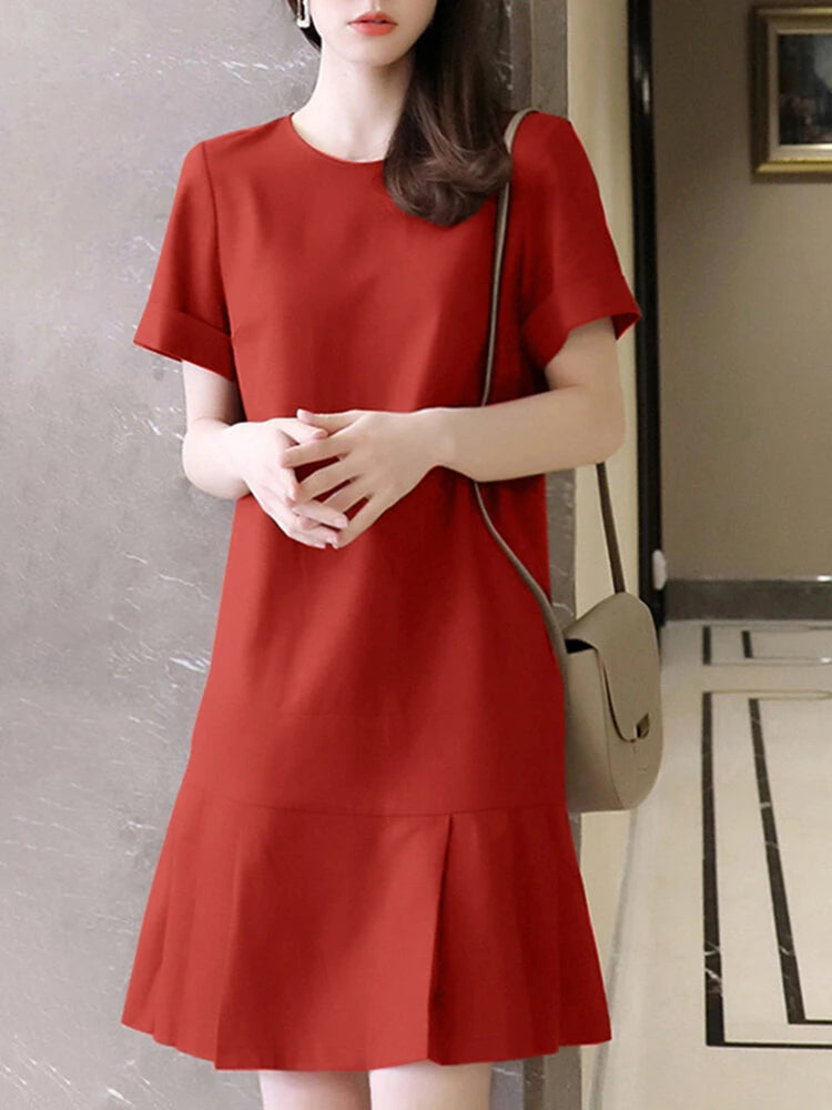 ZANZEA Women Plus Size Solid Ruffle Hem Pocket Short Sleeve Crew Neck Casual Dress