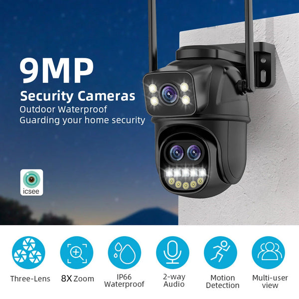 Three Lens 9MP HD 8X Zoom Security Camera WiFi Outdoor IP66 Waterproof Human Detection Night Vision Two Way Audio Smart Tracking ICSEE App Camera
