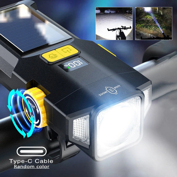 BIKIGHT Solar Rechargeable Zoomable Bicycle Headlight 1600mAH Anti-glare Red Warning Lamp Type-C Charging Bike Front Light for Night Riding Safety