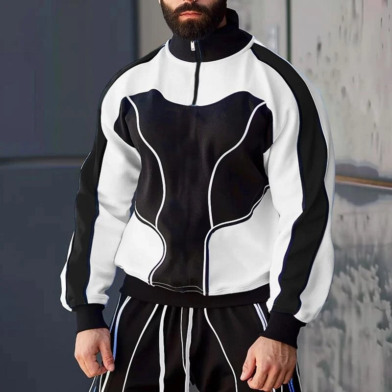 INCERUN Mens Contrast Color Print Half-Zip Long Sleeve Hoodie Sports Stand-up Collar Pullover Hoodies