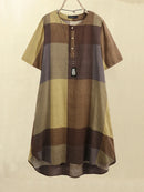 Women Vintage Plaid Print Button Front O-Neck Short Sleeve Loose Casual Shirt Dress With Pocket