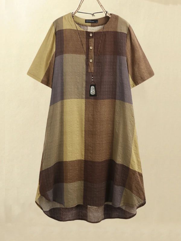 Women Vintage Plaid Print Button Front O-Neck Short Sleeve Loose Casual Shirt Dress With Pocket