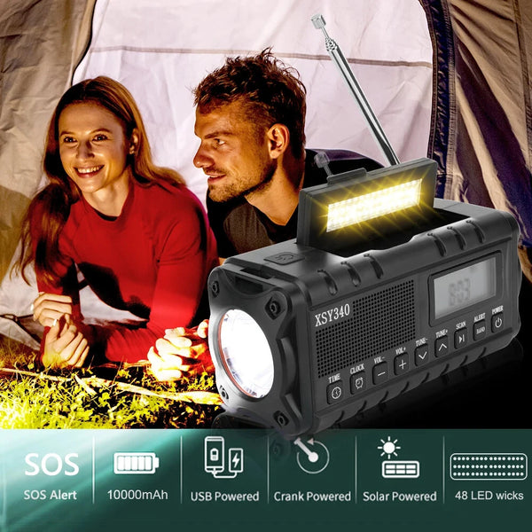 Portable Solar Hand Crank Radio AM FM NOAA Weather USB 10000mAh Charging LED Flashlight Power Bank Aste Lamp