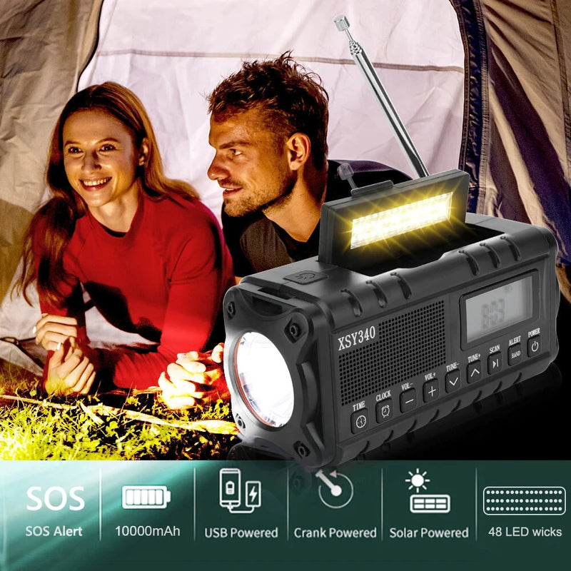 Portable Solar Hand Crank Radio AM FM NOAA Weather USB 10000mAh Charging LED Flashlight Power Bank Aste Lamp