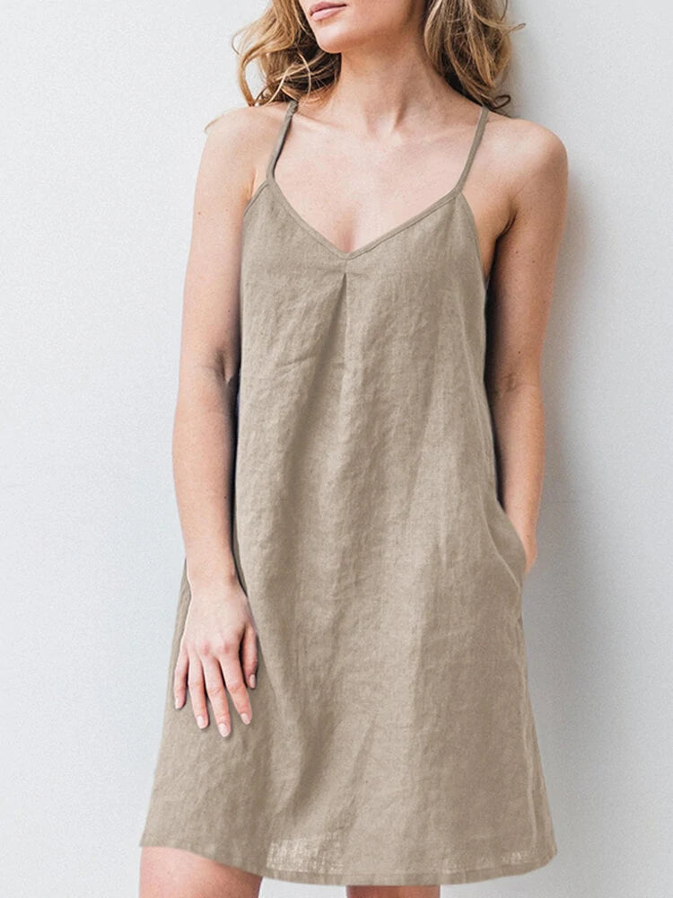 ZANZEA Solid Pocket Spaghetti Strap Backless Dress For Women