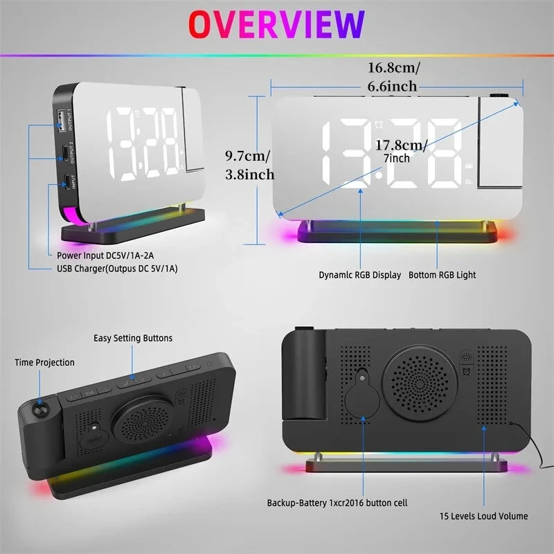 180  Rotation RGB Colorful Night Light Radio Projection Clock Projection Digital Alarm Clock With Night Light 2 USB Output Port 12H/24H FM Radio Time Projector LED Clock
