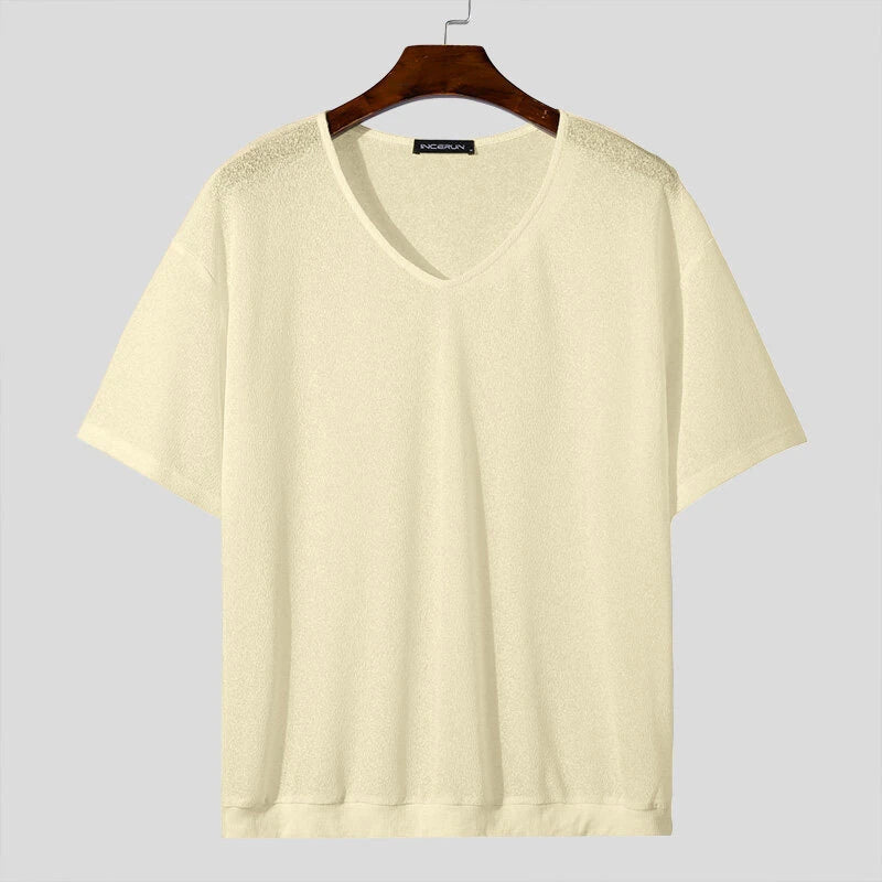 INCERUN Mens Solid V-Neck Short Sleeve T-Shirt Fashion Comfortable Fabric See-through Tshirt for Men