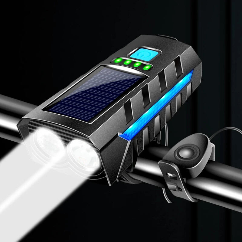 Bikight 4 in 1 Solar Bike Headlight 2400mAh Battery Power Bank 3 Light Modes Waterproof Bicycle Front Light with 130db Horn for MTB Bike Motorcycle Electric Vehicle