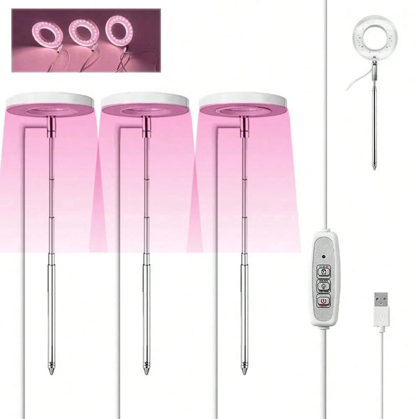 1 To 3 Angel Ring USB Plant LED Light with 3 Lamp Heads 2/4/8 Hours Switch Timer 4 Level Brightness Adjustment Suitable for Indoor Plant Growth