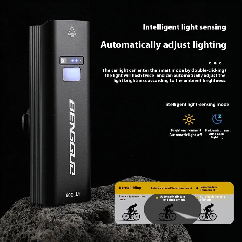 BENGGUO 400/600/800LM Smart Light Vibration Sensing Bicycle Headlight Aluminum Alloy Waterproof Type-C Charging Bike Front Light for Outdoor MTB Cycling