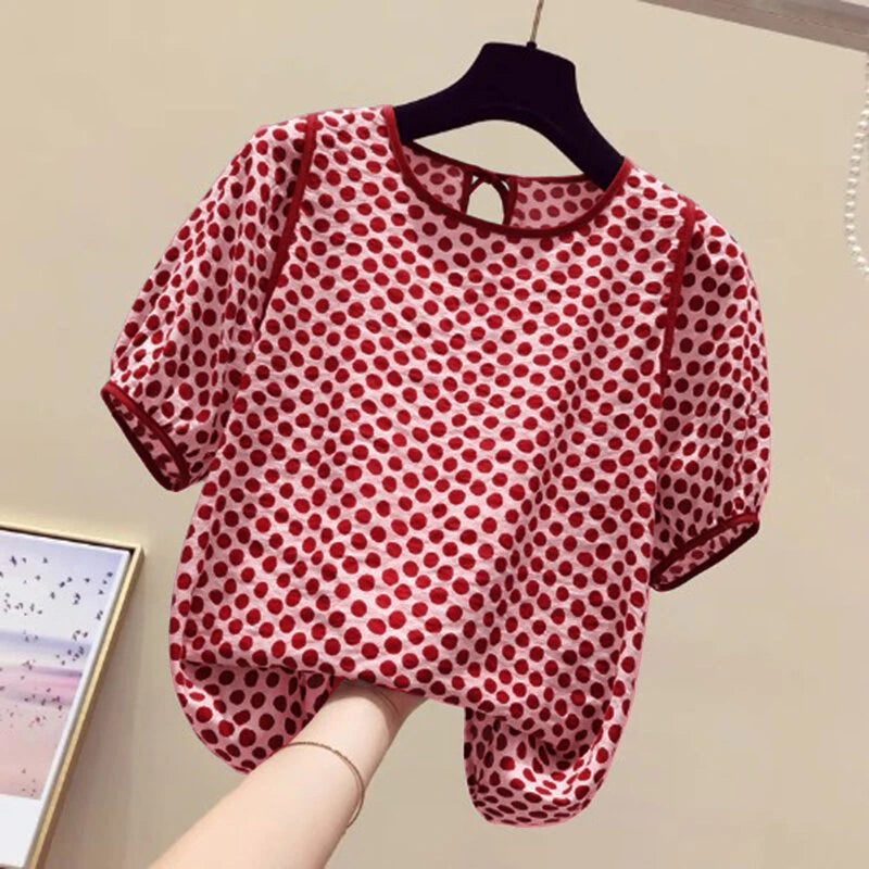 ZANZEA Females Polka Dot Top with Back Tie Lantern Sleeve and Open-Front Design, Womens Crew Neck Blouses Short Sleeve Shirts Plus Size S-5XL
