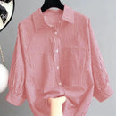 ZANZEA Women's Striped Shirt Summer 3/4 Sleeve Lantern Sleeve Front Pockets Casual Blouse Top