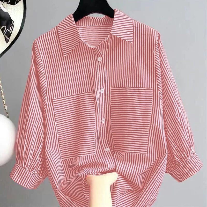 ZANZEA Women's Striped Shirt Summer 3/4 Sleeve Lantern Sleeve Front Pockets Casual Blouse Top
